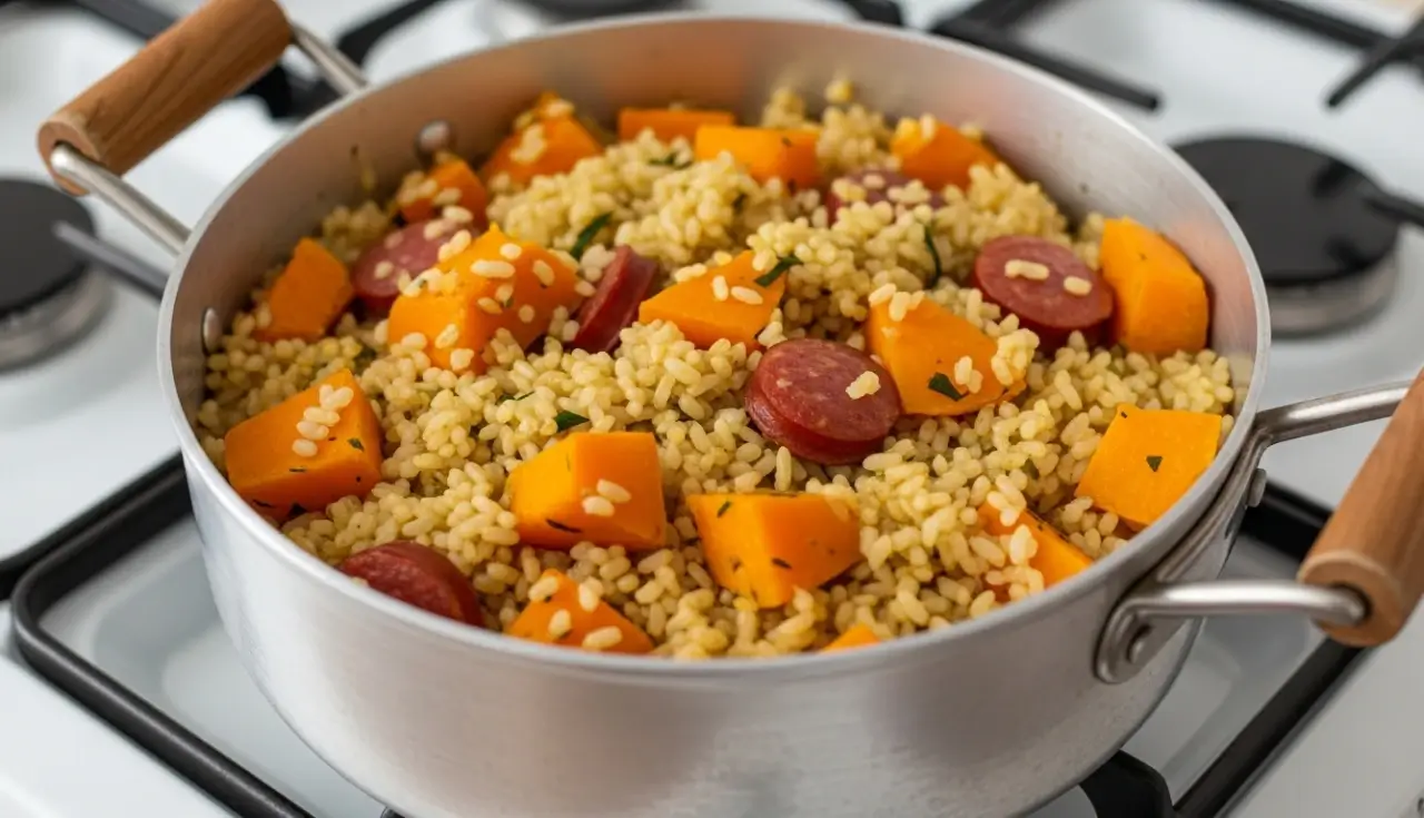 Almoço Completo de Arroz Com Abobora e Linguiça