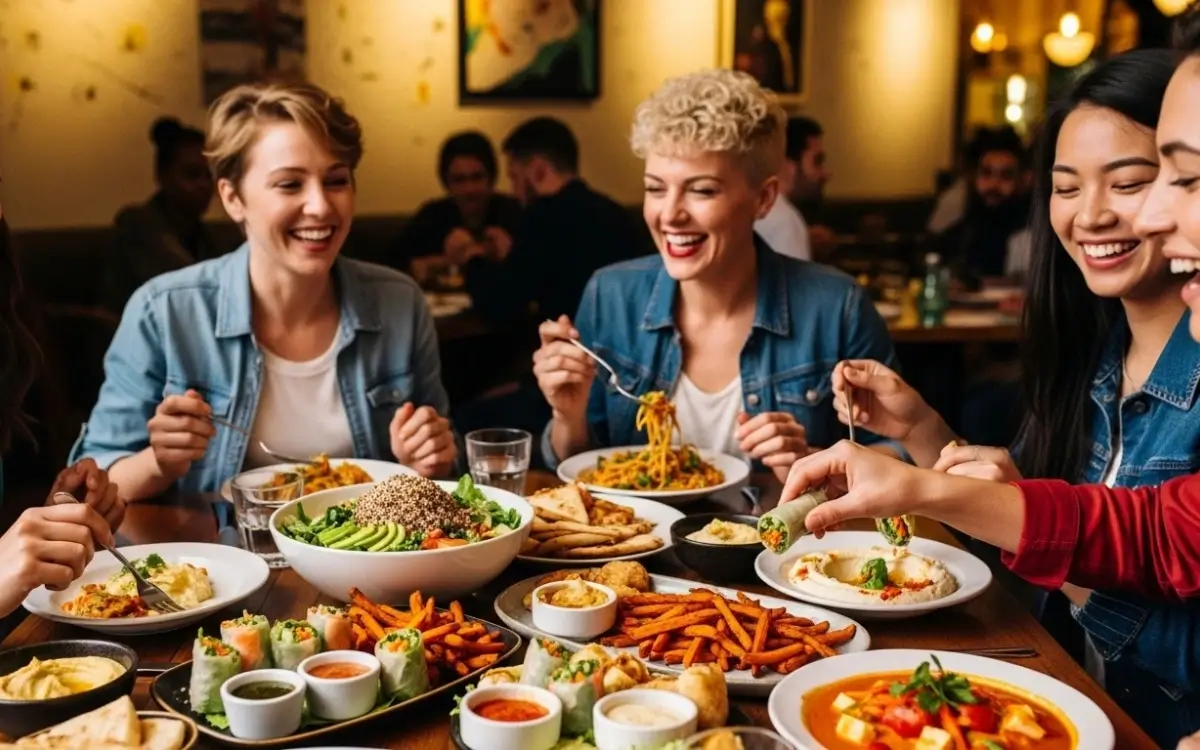 Amigos se divertindo em um jantar com opções de comida vegana colorida e apetitosa. Amigos se divertindo em um jantar com opções de comida vegana colorida e apetitosa.
