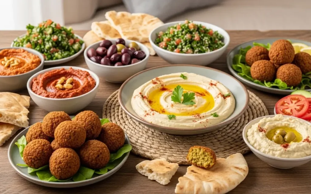 Banquete de comida árabe vegana com falafel crocante e pastas coloridas Banquete de comida árabe vegana com falafel crocante e pastas coloridas
