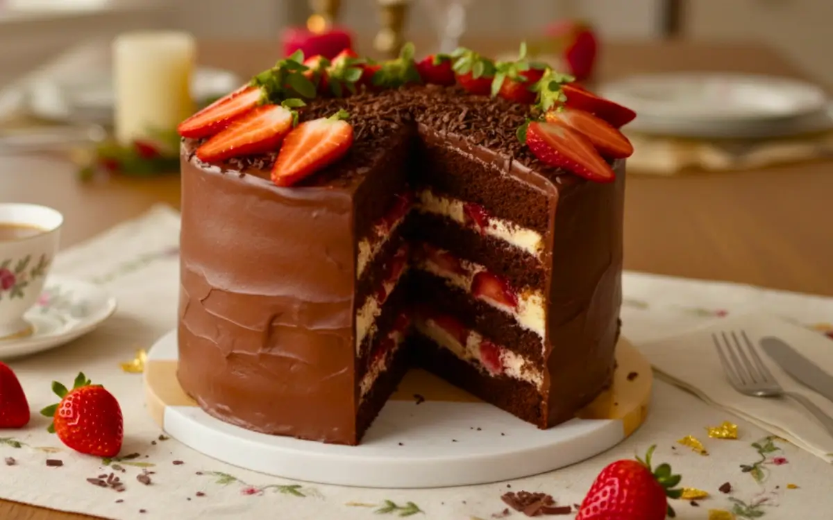 Bolo de Iogurte Com Creme de Avela e Morangos