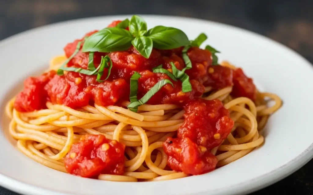 Prato de massa vegana com molho de tomate suculento e ervas frescas. Prato de massa vegana com molho de tomate suculento e ervas frescas.