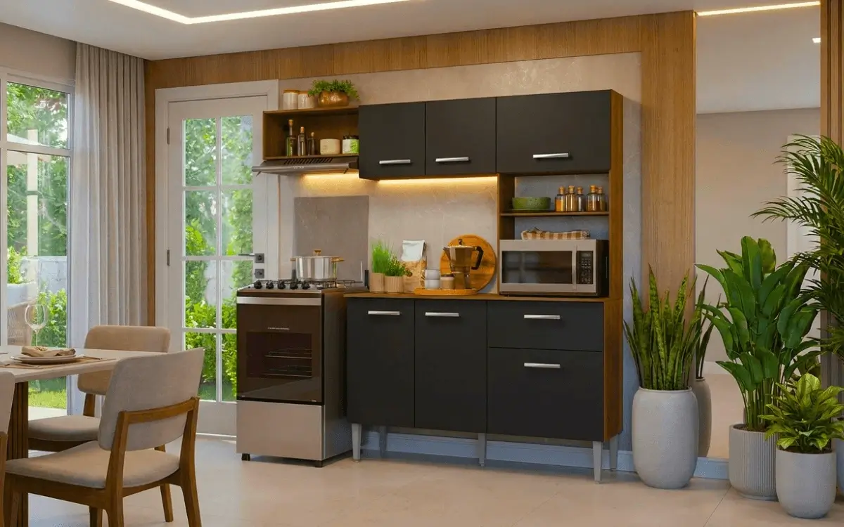 Balcão Armário para Cozinha Compacta Rustic/Preto Aura Madesa